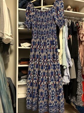 Blue Floral Maxi Dress - Smocked Bodice
